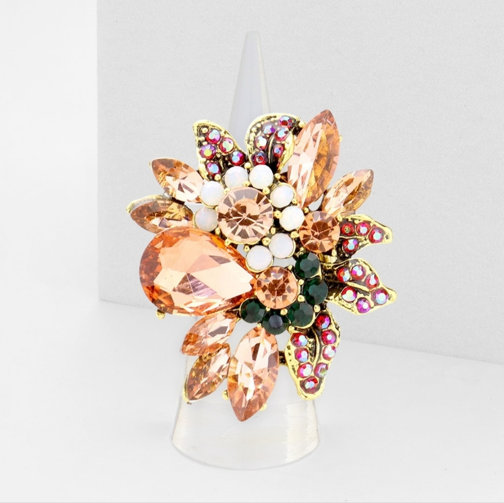 Peach and Gold Floral Cocktail Fashion Statement Trend Rhinestone Crystal Ring